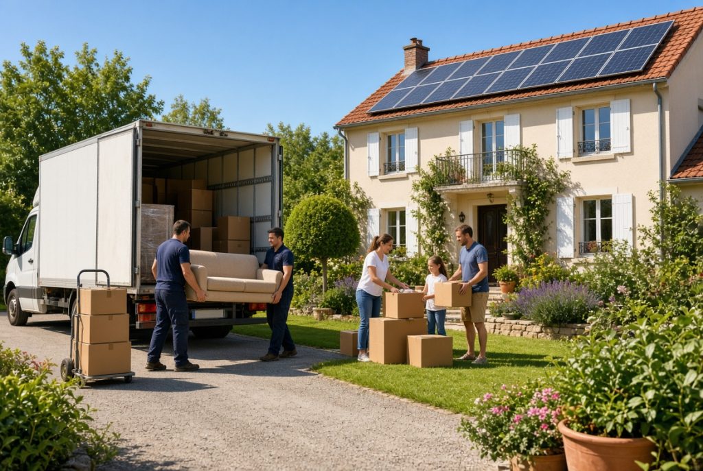 Des déménageurs chargent des cartons devant une maison équipée de panneaux photovoltaïques avant un déménagement.